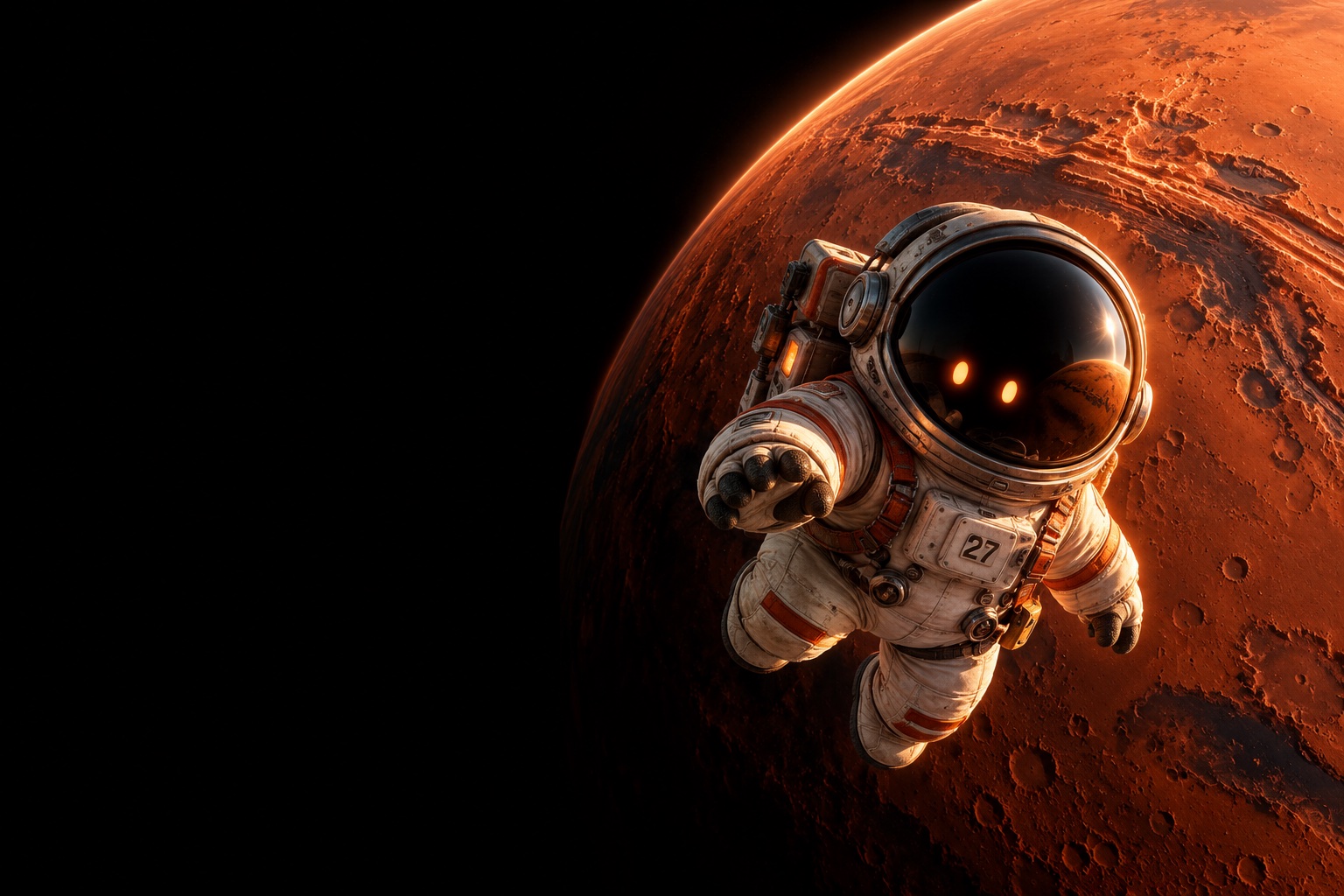 P27, a mysterious small astronaut with glowing eyes, floating in space beside Mars